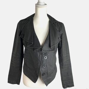 CAbi #901 Black Waxed Linen Moto Jacket Size Large Ruffle EUC